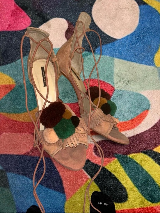 Shoes - Women’s Blush Suede Lace-Up Pom Pom Sandal